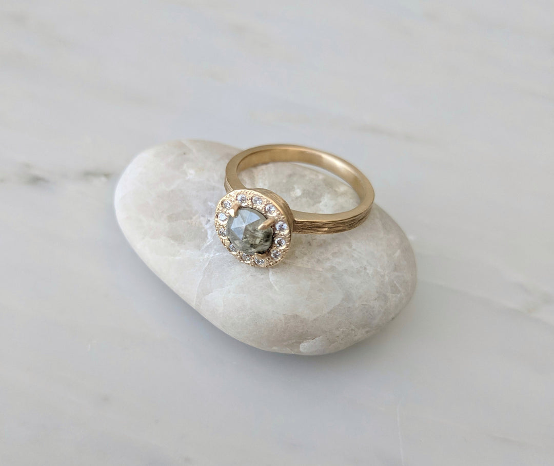 Gray Rose Cut Diamond Ring | Textured 14K Yellow Gold