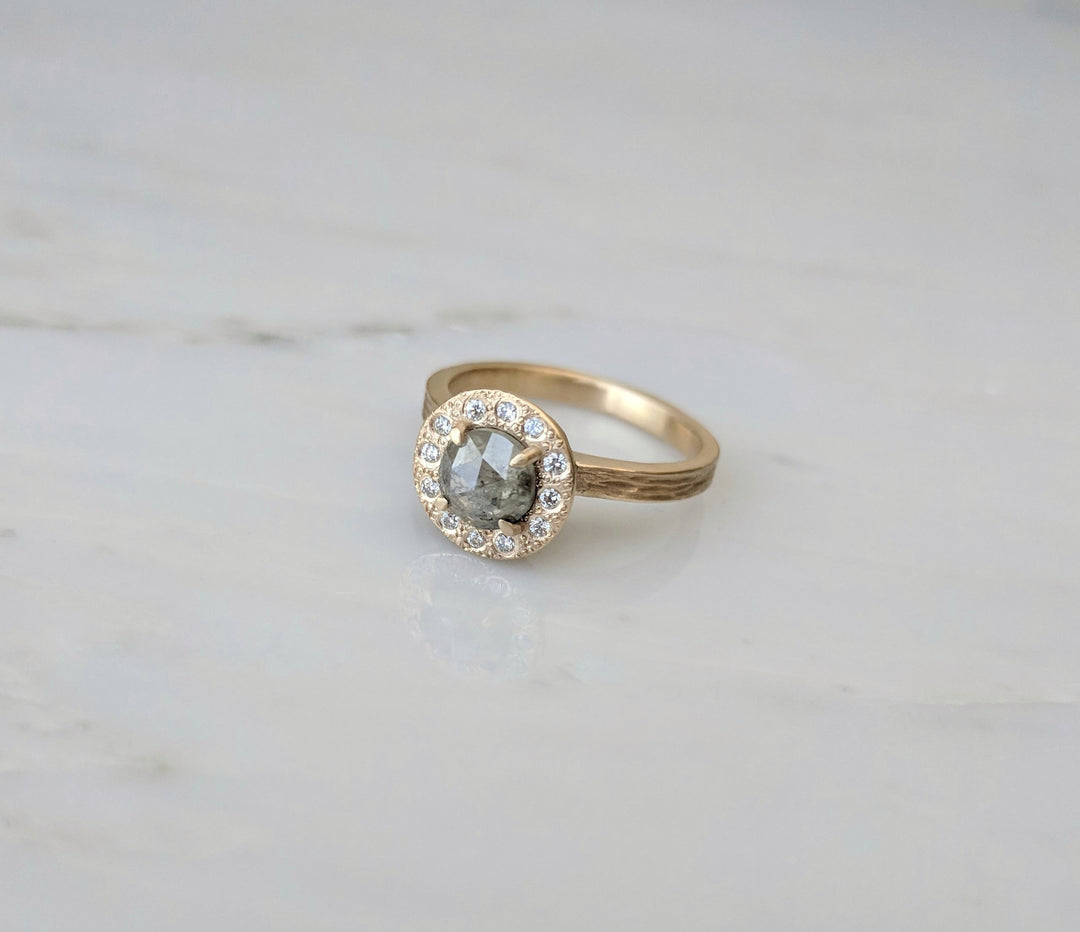 Gray Rose Cut Diamond Ring | Textured 14K Yellow Gold