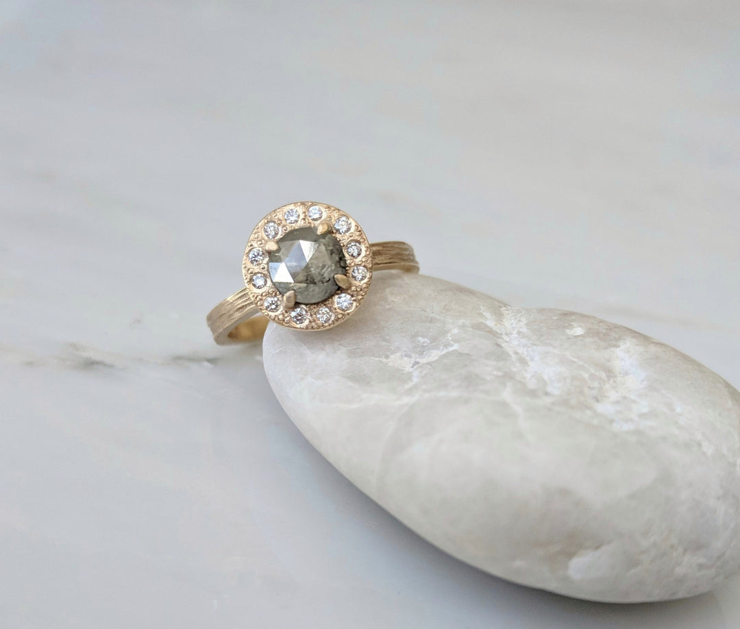 Gray Rose Cut Diamond Ring | Textured 14K Yellow Gold