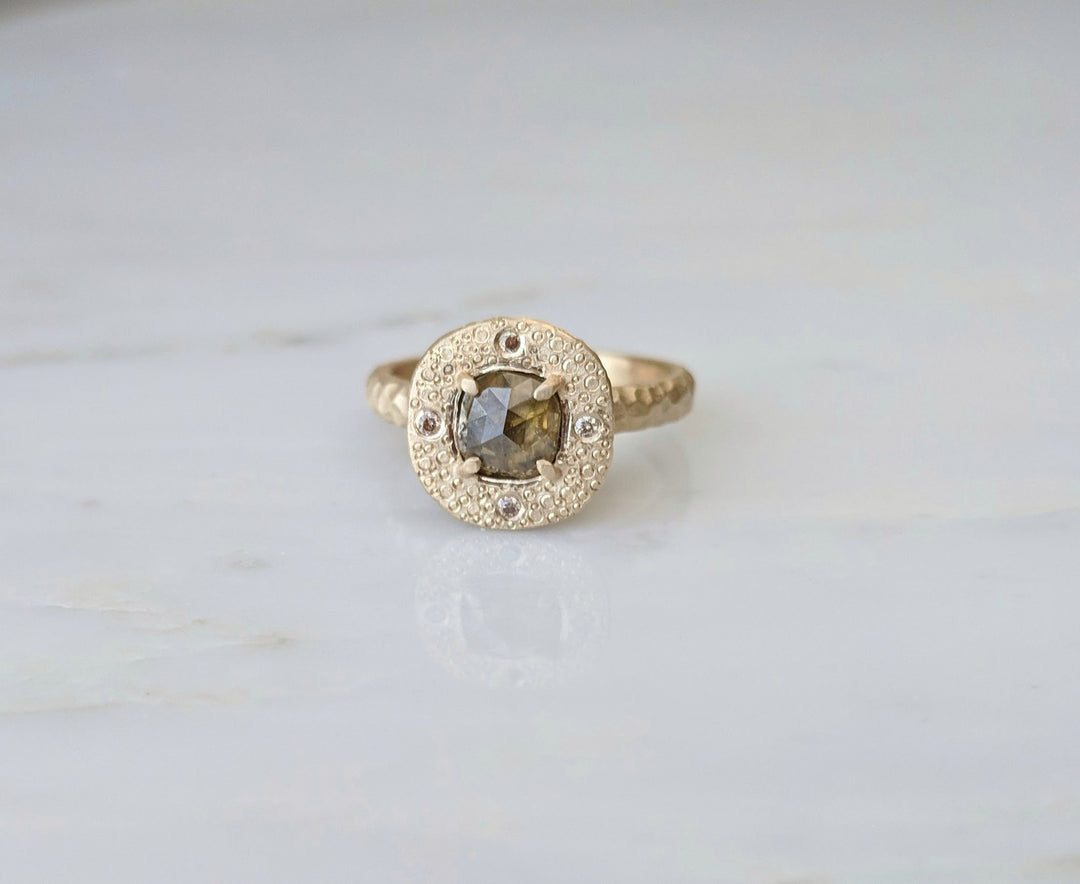 Olive Green Diamond Ring | 14K Textured Gold