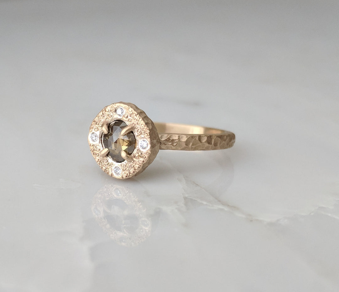 Deep Green Diamond Ring | Textured 14K Gold