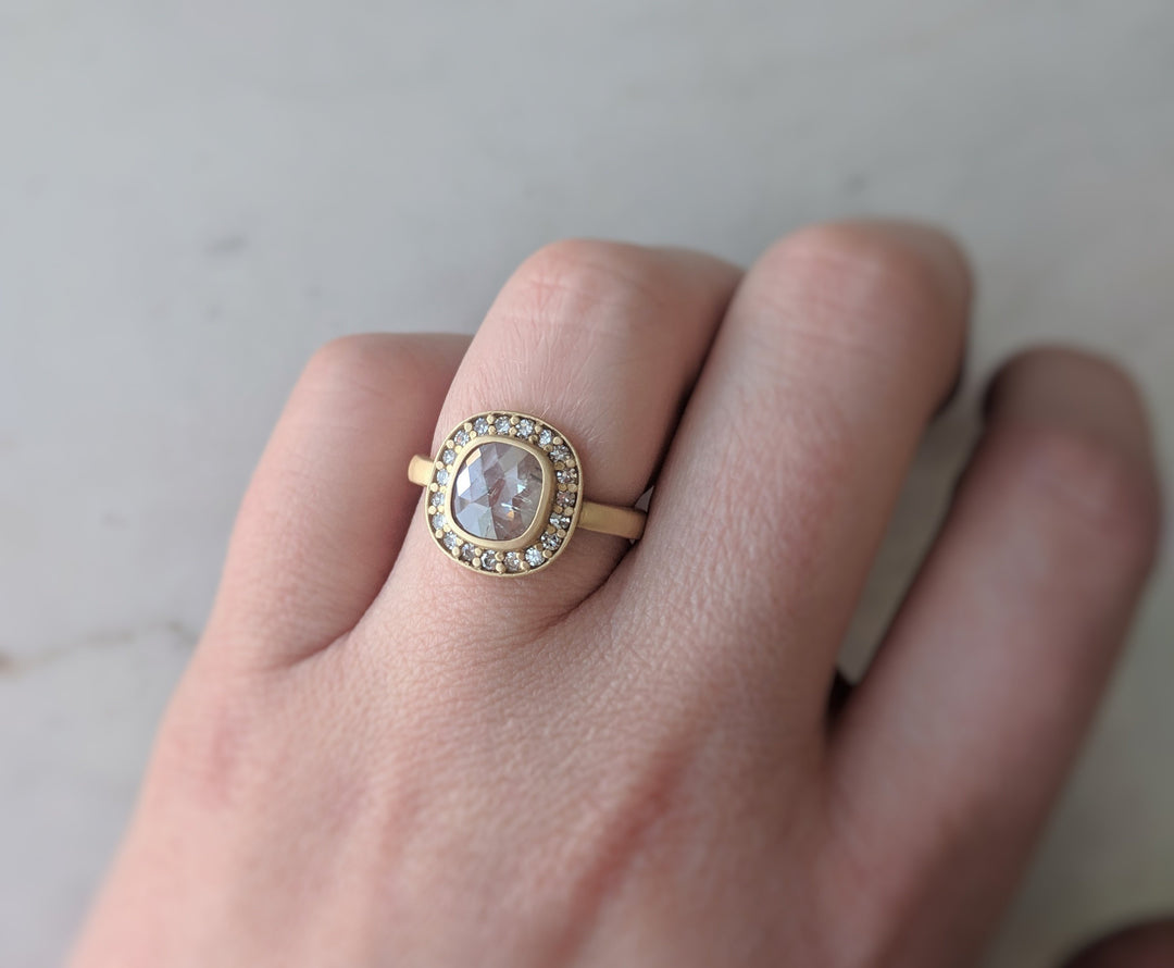 Translucent Cushion Diamond Halo Ring in 14K Yellow Gold