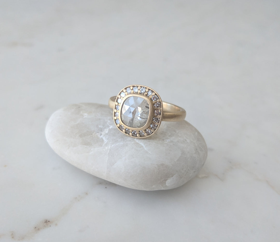 Translucent Cushion Diamond Halo Ring in 14K Yellow Gold