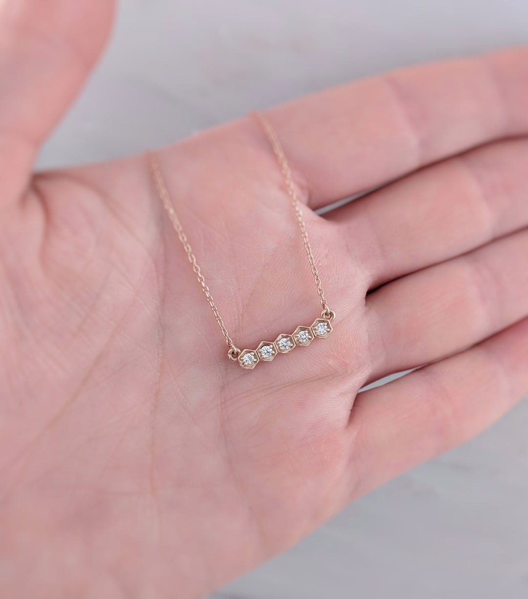 Tiny Diamond Hexagon Necklace in Rose Gold