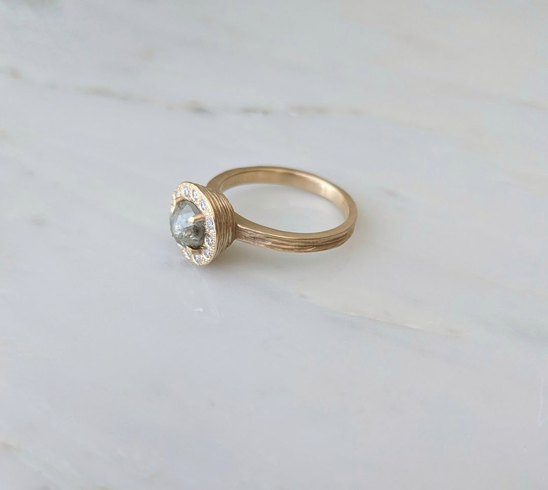 Gray Rose Cut Diamond Ring | Textured 14K Yellow Gold