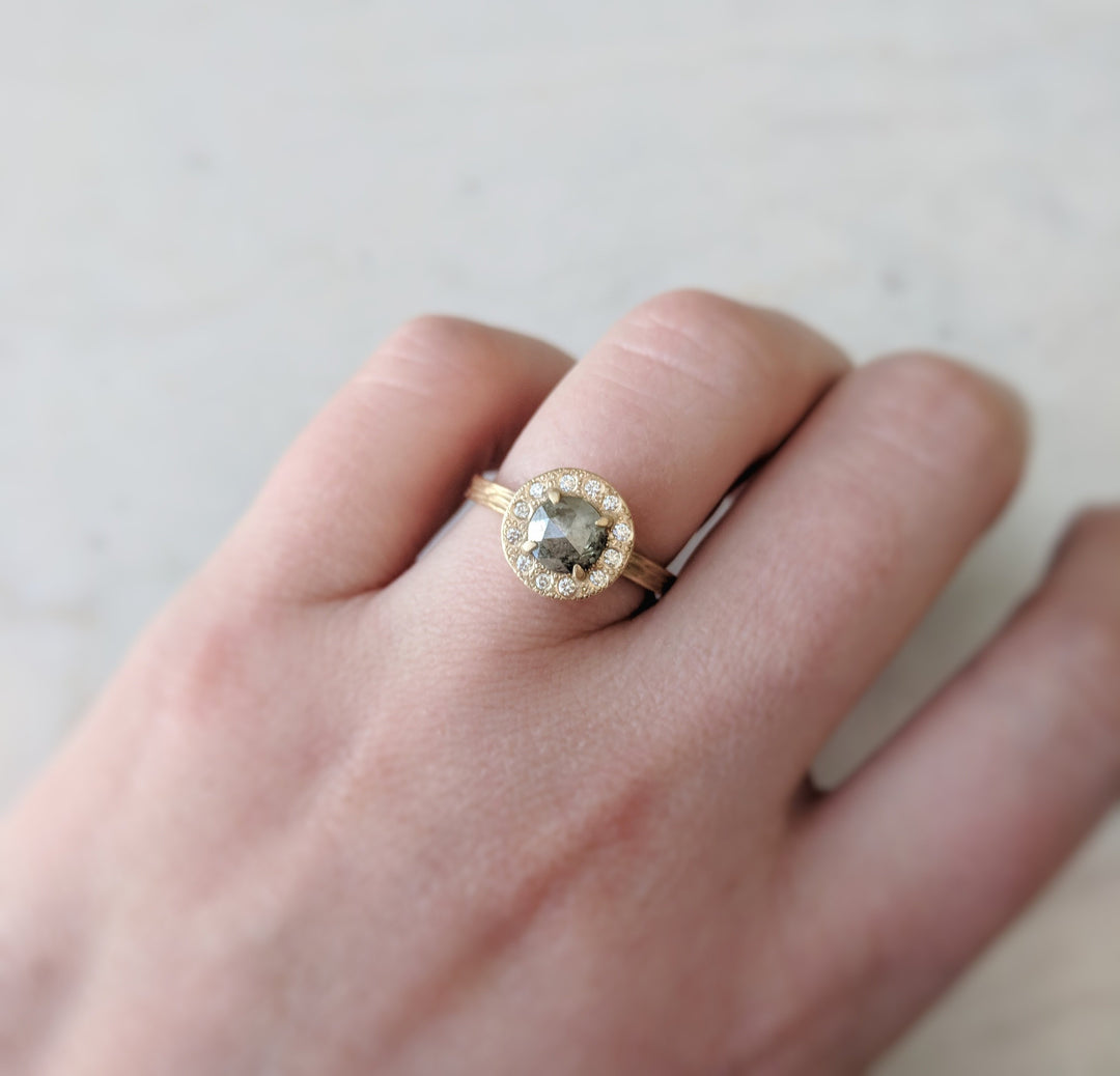 Gray Rose Cut Diamond Ring | Textured 14K Yellow Gold