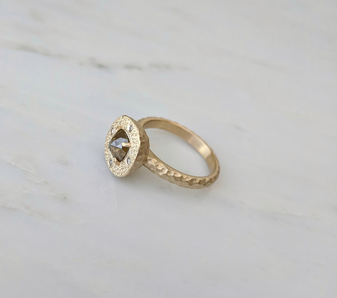 Olive Green Diamond Ring | 14K Textured Gold