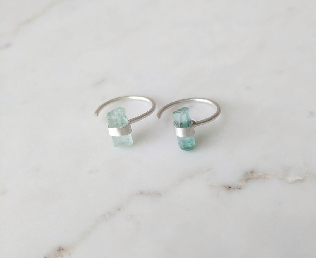 Raw Tourmaline Huggie Earrings | Sterling Silver Hoops