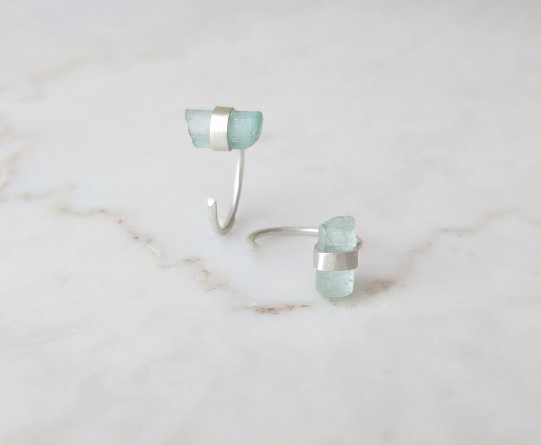 Raw Tourmaline Huggie Earrings | Sterling Silver Hoops