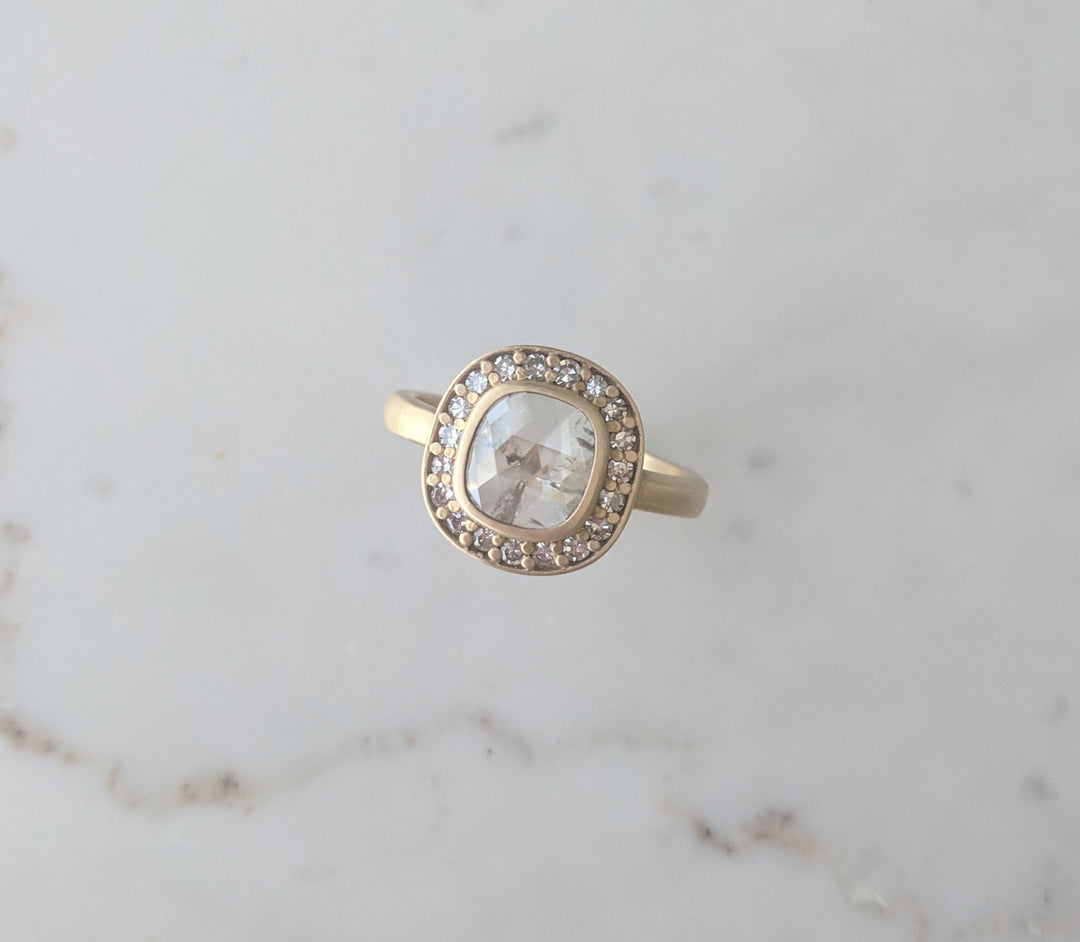 Translucent Cushion Diamond Halo Ring in 14K Yellow Gold