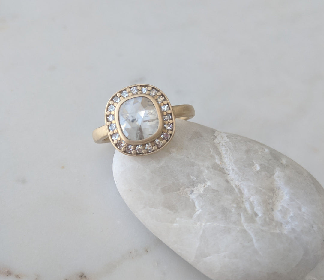 Translucent Cushion Diamond Halo Ring in 14K Yellow Gold