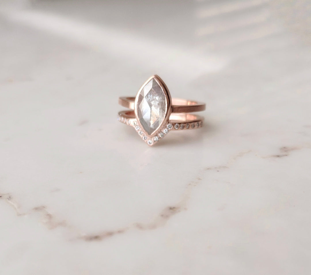 Rose Cut Marquise Diamond Ring | Double Band with Accent Diamonds