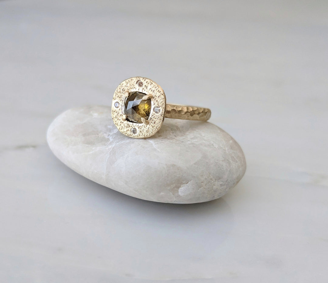 Olive Green Diamond Ring | 14K Textured Gold