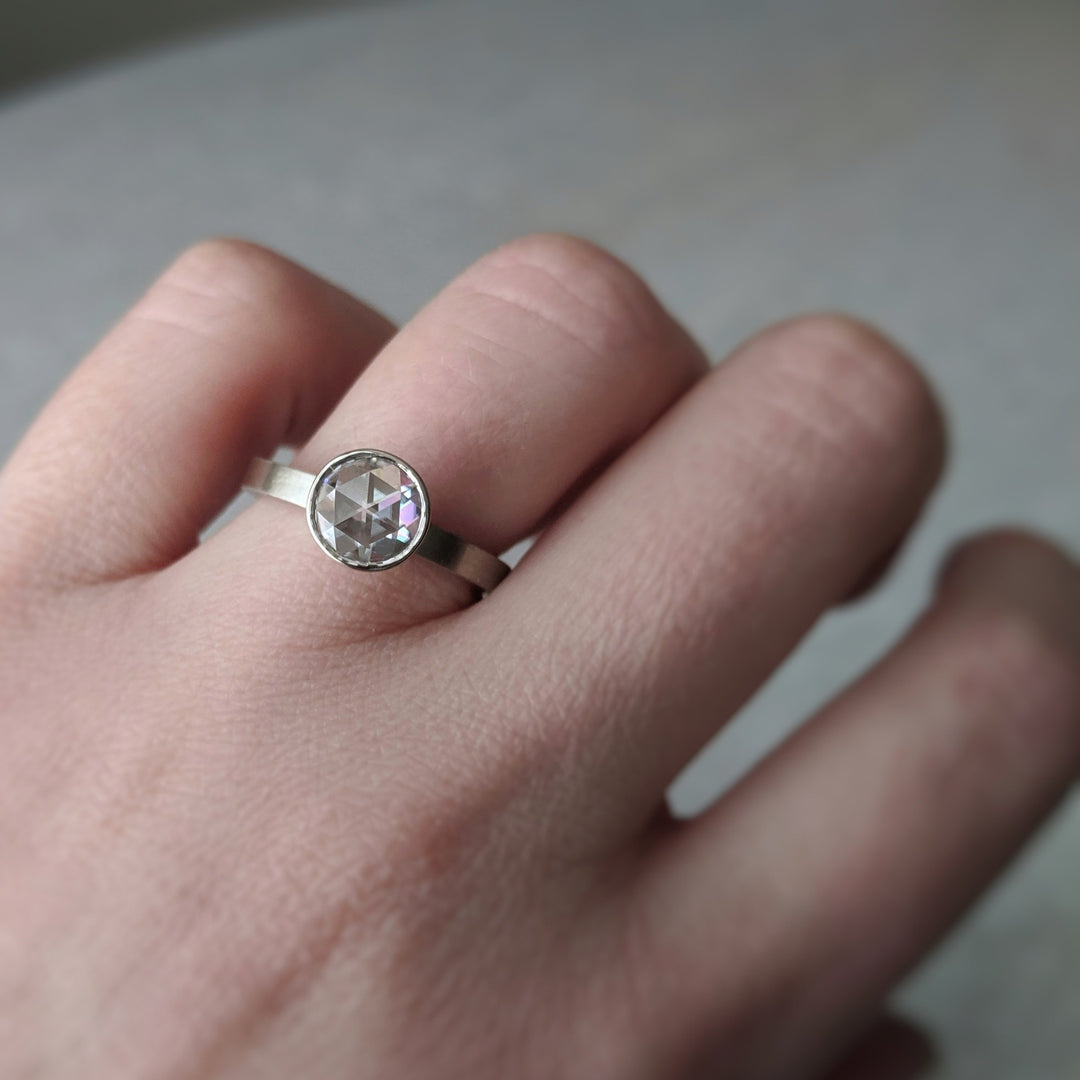 Rose Cut Moissanite Floating Bezel Ring | 14K White Gold