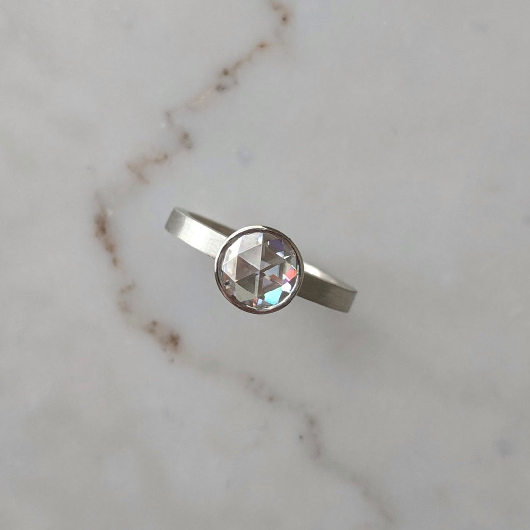 Rose Cut Moissanite Floating Bezel Ring | 14K White Gold