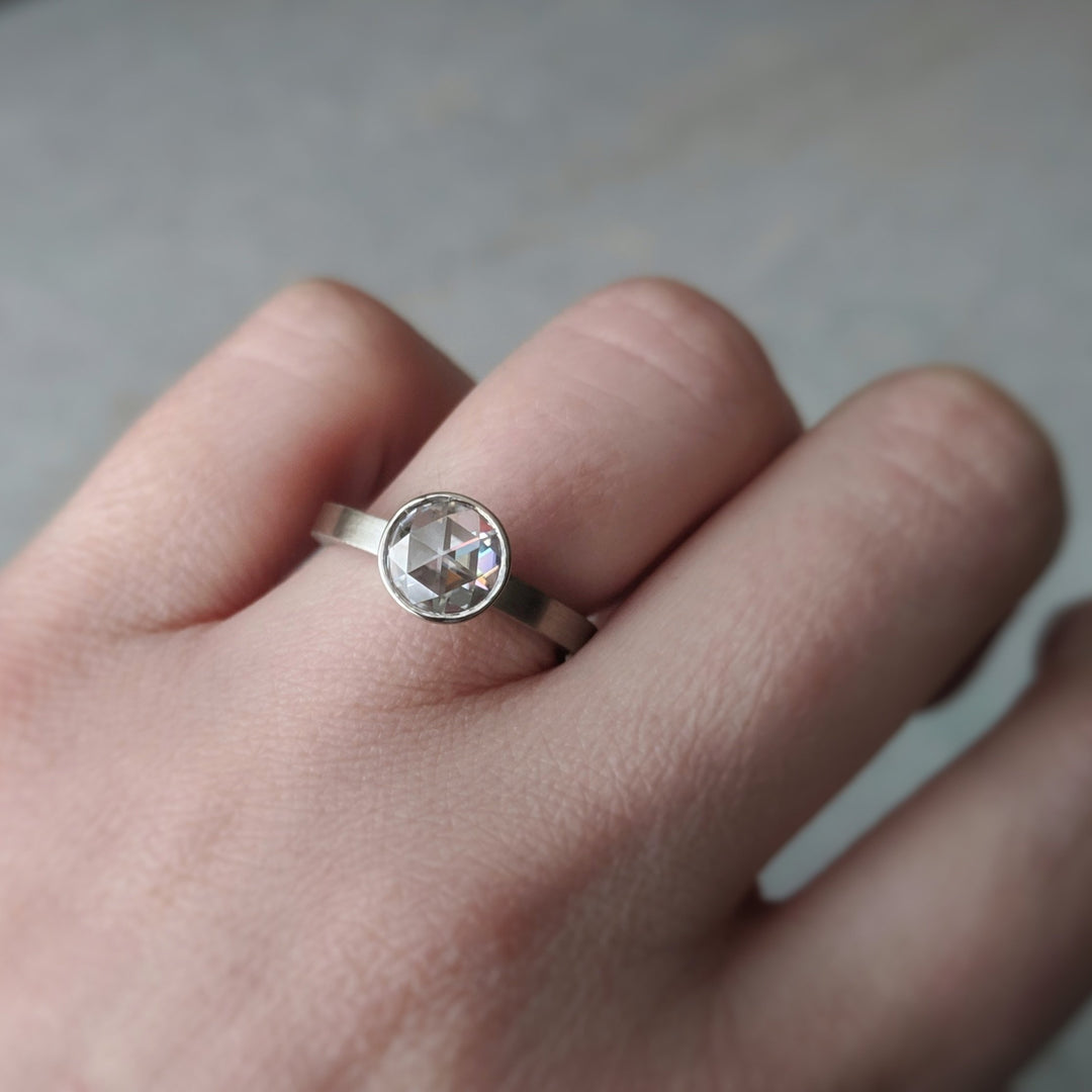 Rose Cut Moissanite Floating Bezel Ring | 14K White Gold