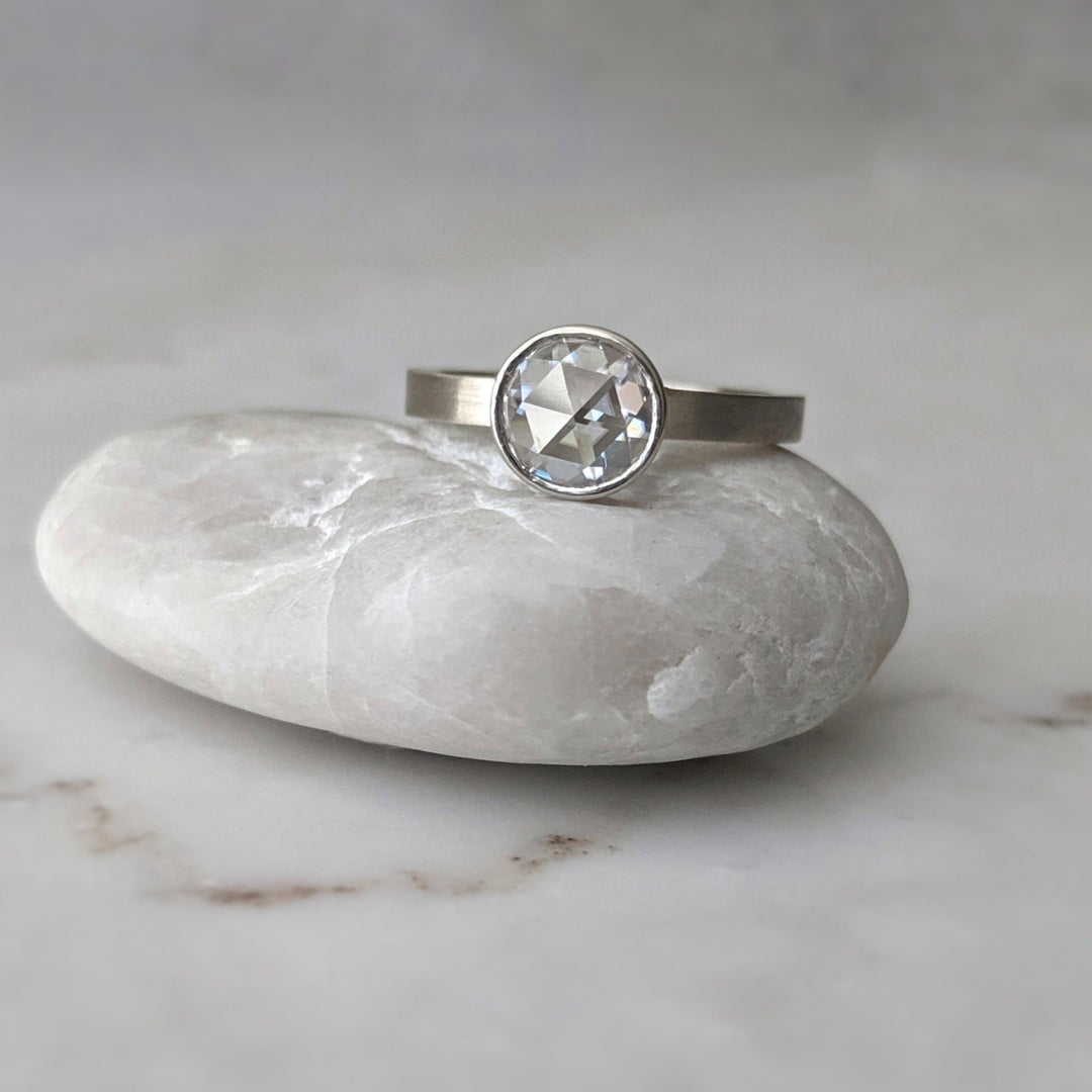 Rose Cut Moissanite Floating Bezel Ring | 14K White Gold