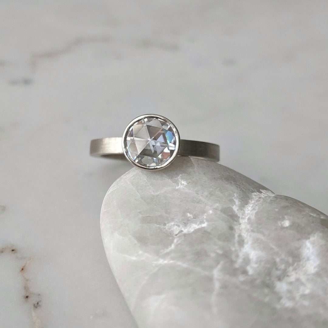 Rose Cut Moissanite Floating Bezel Ring | 14K White Gold