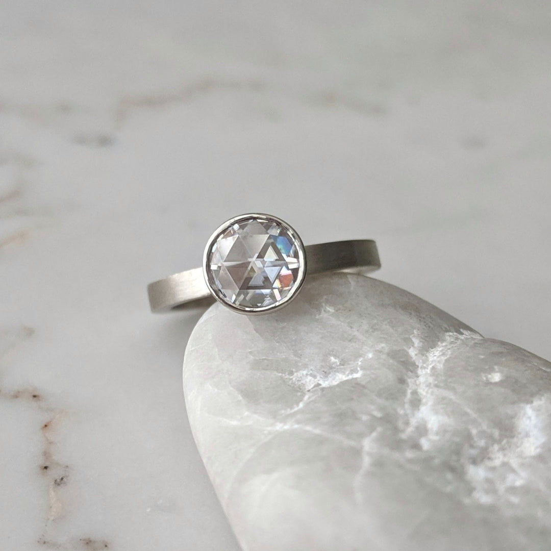 Rose Cut Moissanite Floating Bezel Ring | 14K White Gold