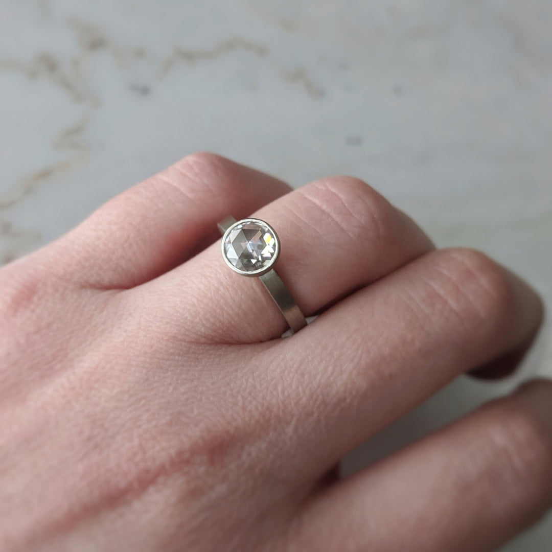 Rose Cut Moissanite Floating Bezel Ring | 14K White Gold