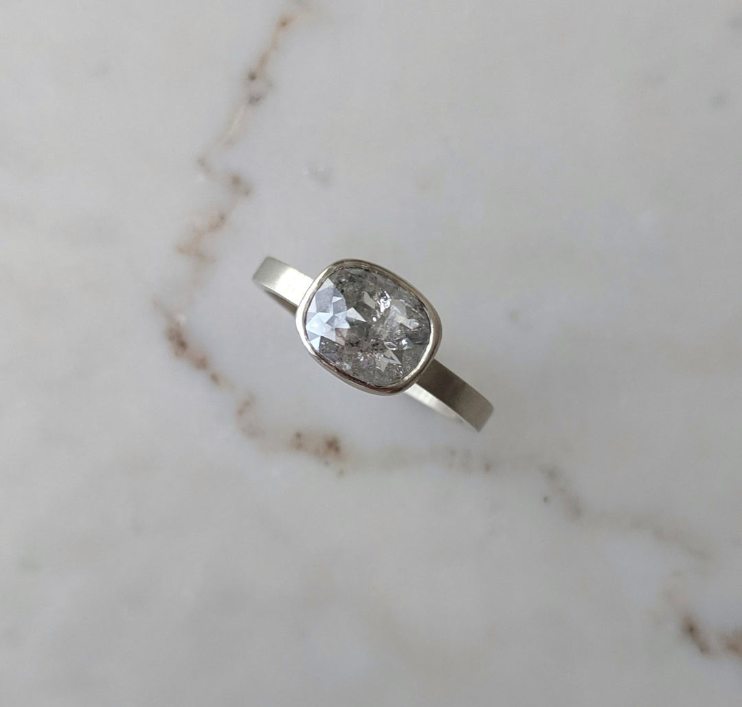 East + West Cushion Diamond Floating Bezel Ring | 14K White Gold