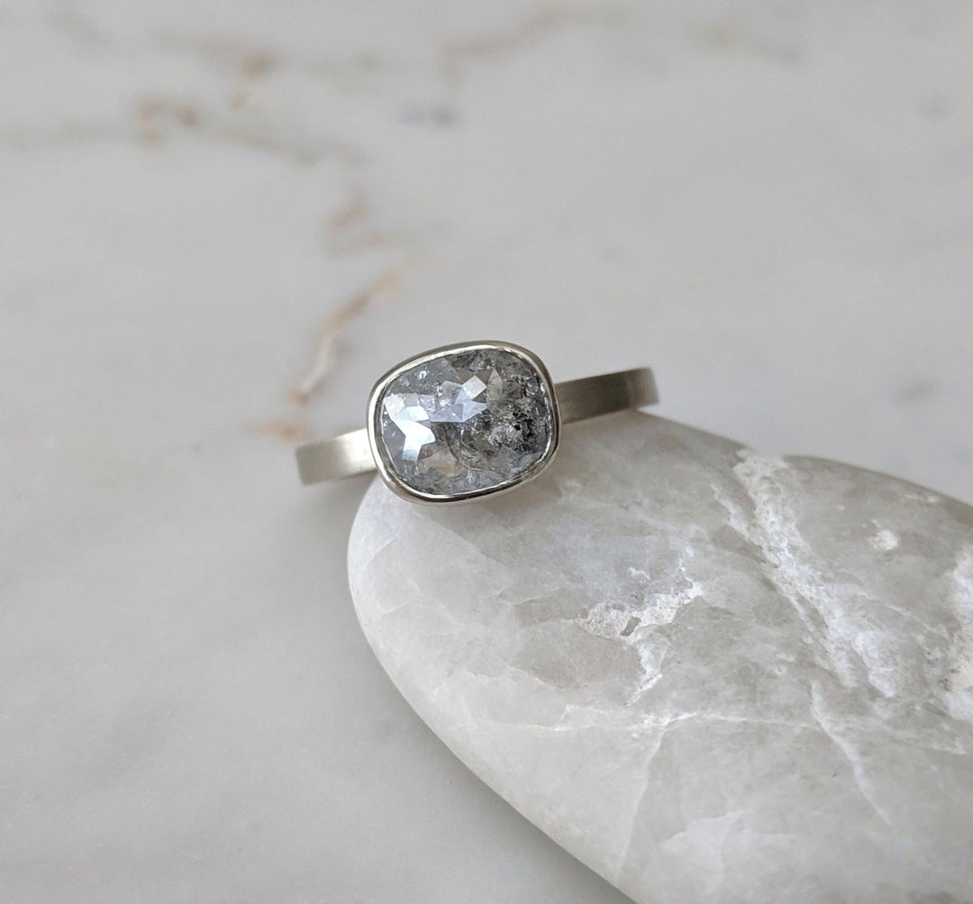 East + West Cushion Diamond Floating Bezel Ring | 14K White Gold