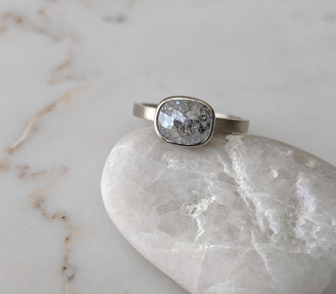 East + West Cushion Diamond Floating Bezel Ring | 14K White Gold