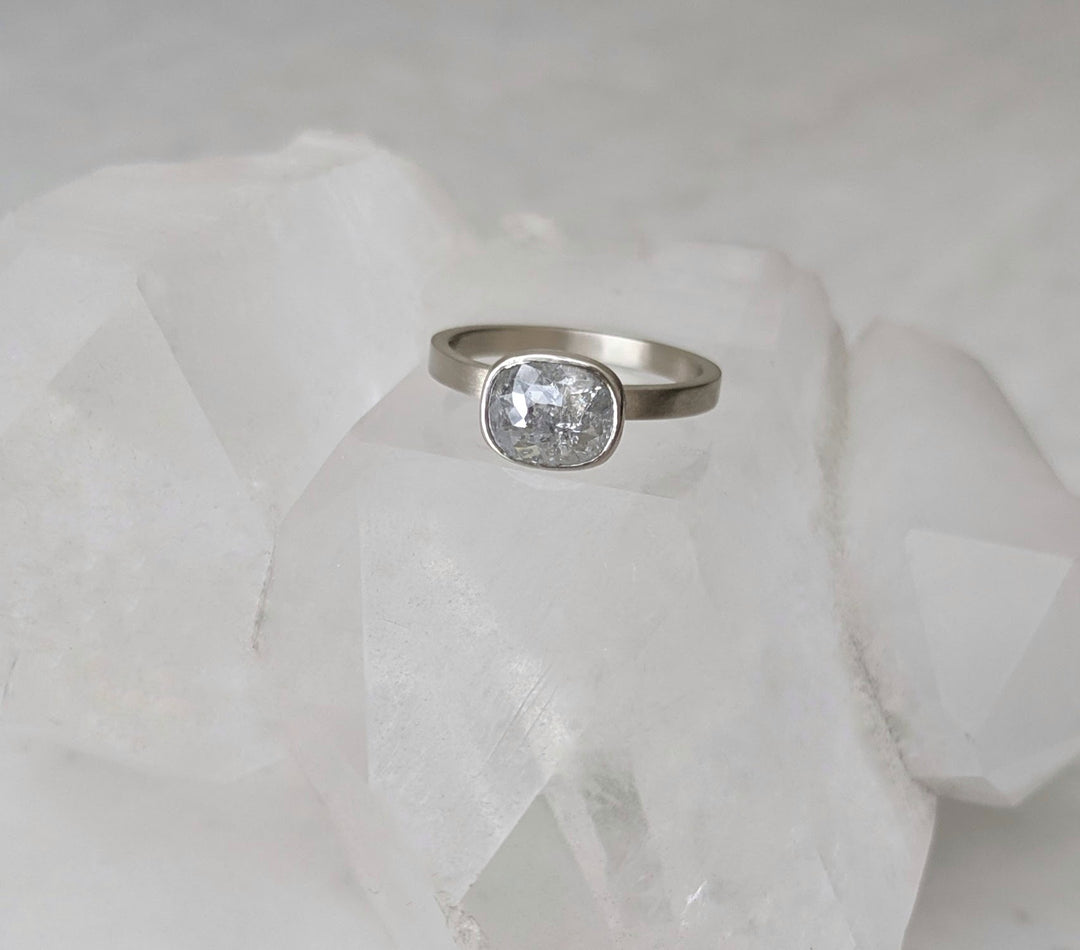 East + West Cushion Diamond Floating Bezel Ring | 14K White Gold