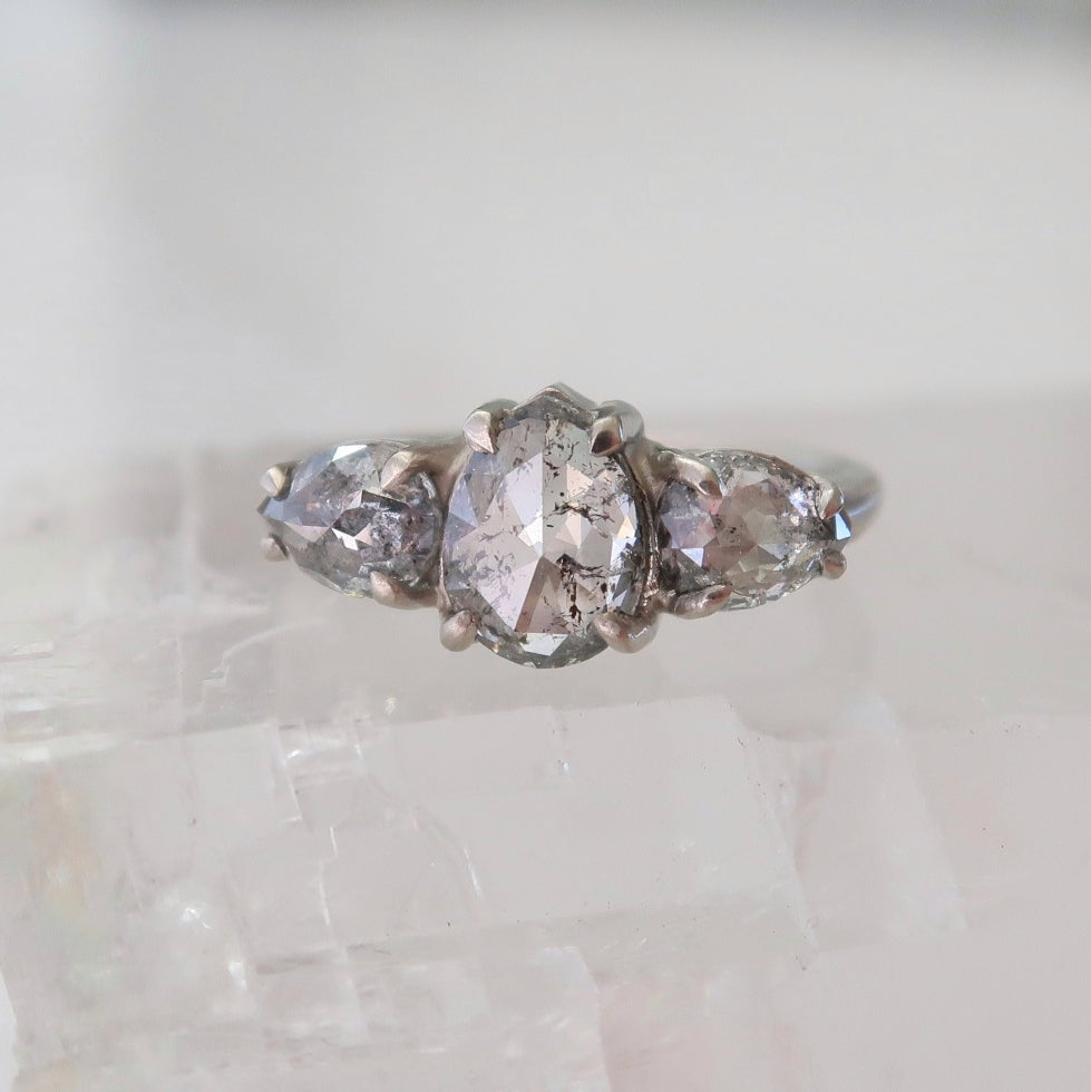 Salt + Pepper Pear Diamond Trio Ring