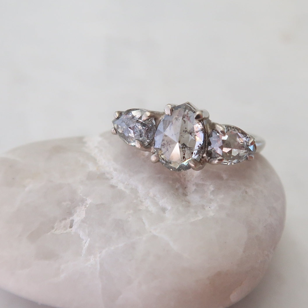 Salt + Pepper Pear Diamond Trio Ring