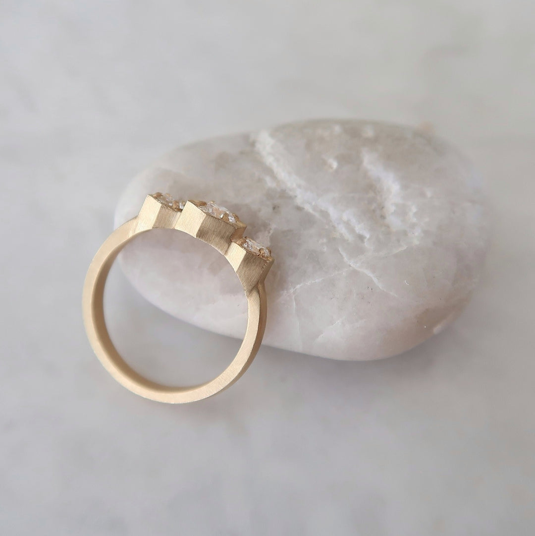 Hex Diamond Three Stone Ring | 14K Yellow Gold