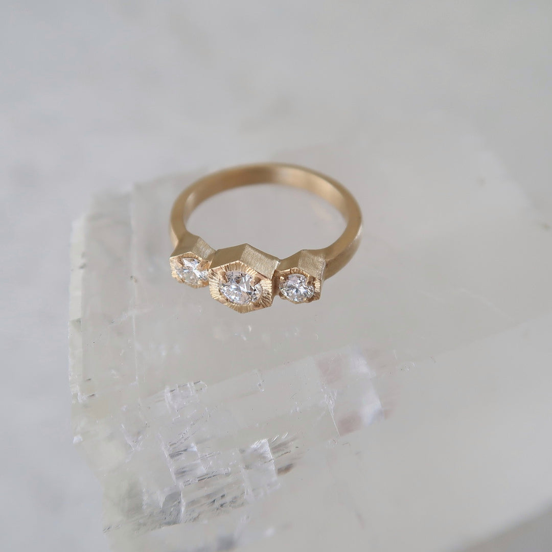 Hex Diamond Three Stone Ring | 14K Yellow Gold