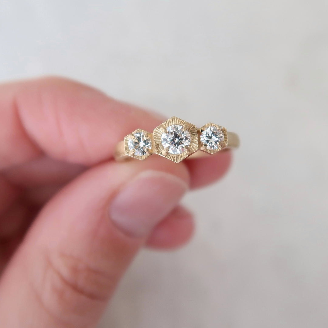 Hex Diamond Three Stone Ring | 14K Yellow Gold