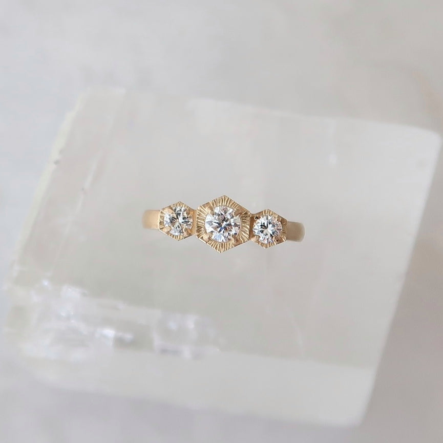 Hex Diamond Three Stone Ring | 14K Yellow Gold