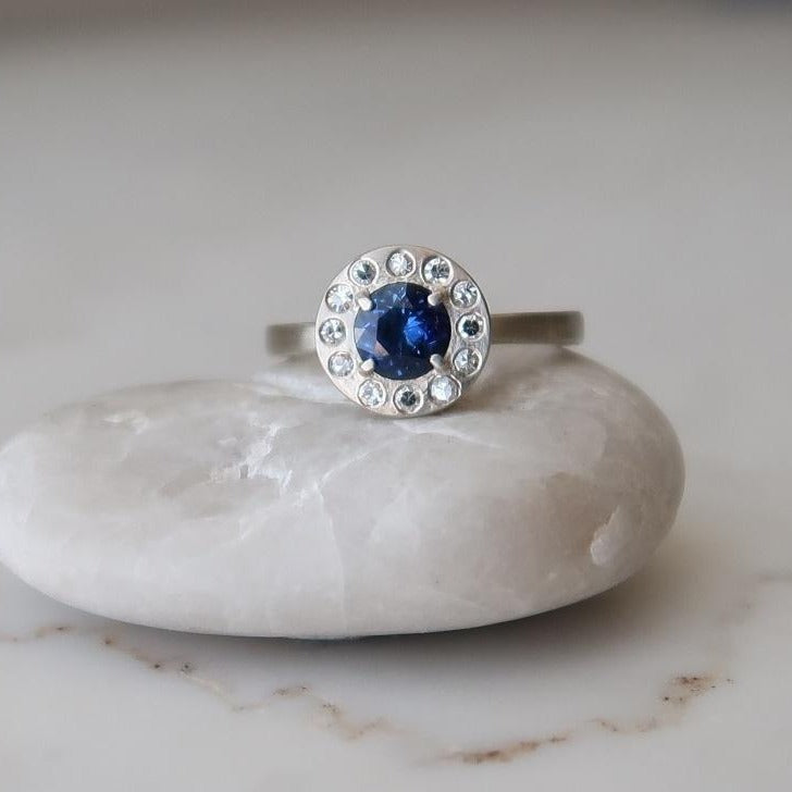 Blue Sapphire Halo Ring | 14K White Gold