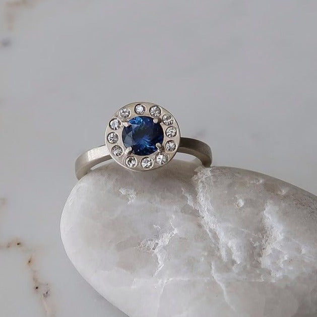 Blue Sapphire Halo Ring | 14K White Gold