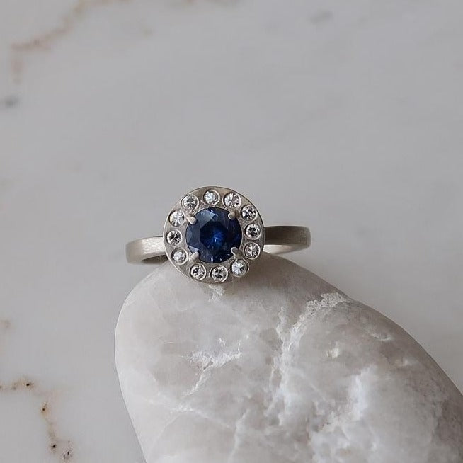 Blue Sapphire Halo Ring | 14K White Gold