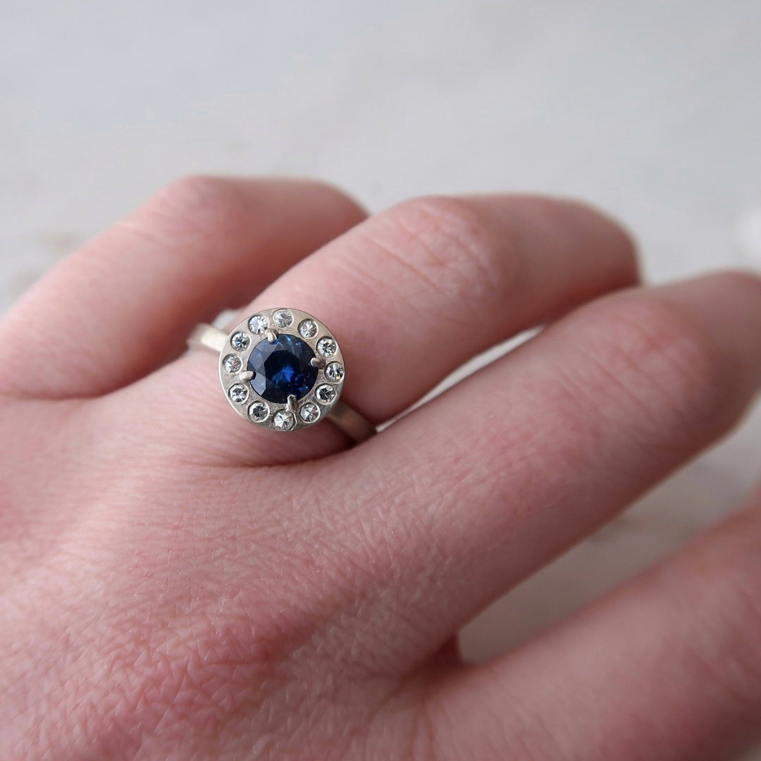 Blue Sapphire Halo Ring | 14K White Gold