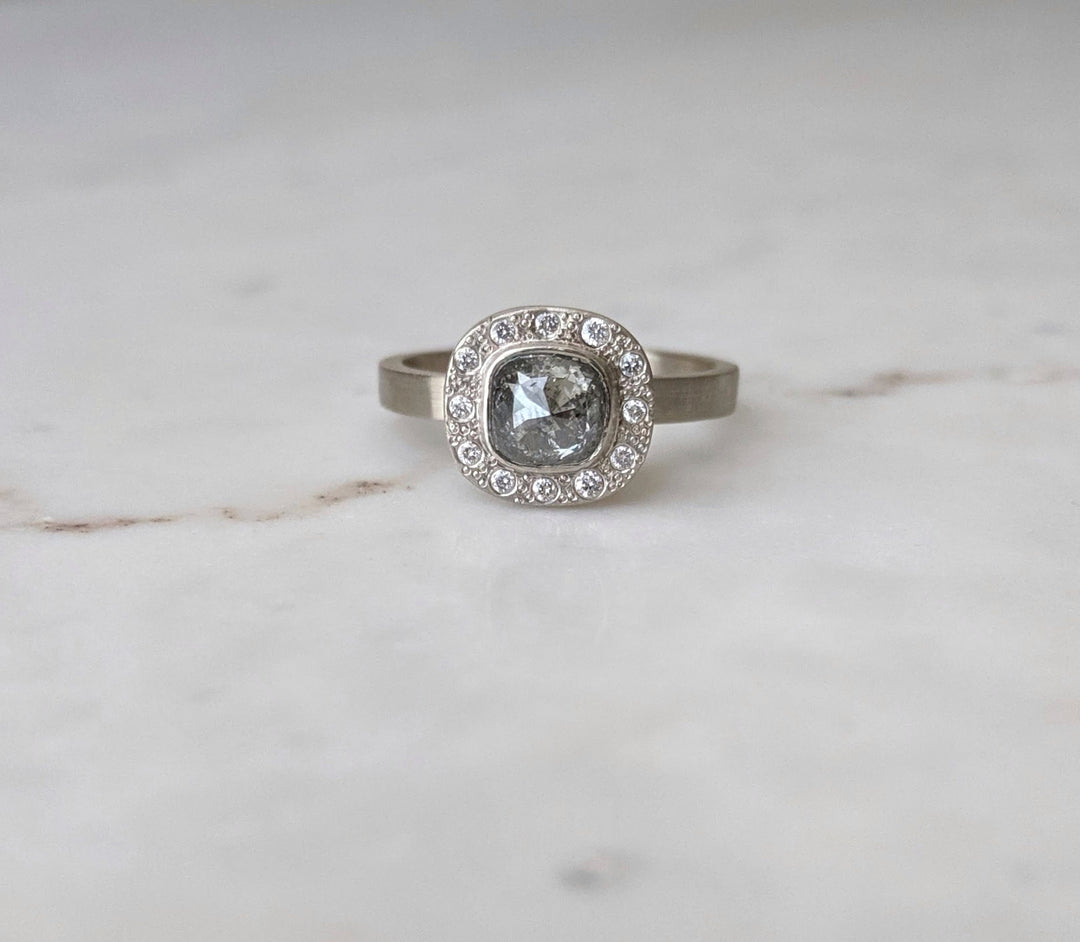 Salt and Pepper Diamond Halo Ring | White Gold