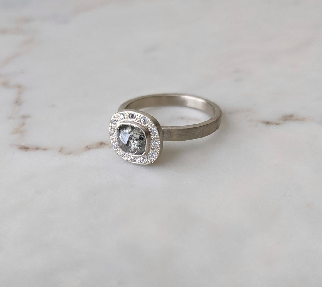 Salt and Pepper Diamond Halo Ring | White Gold