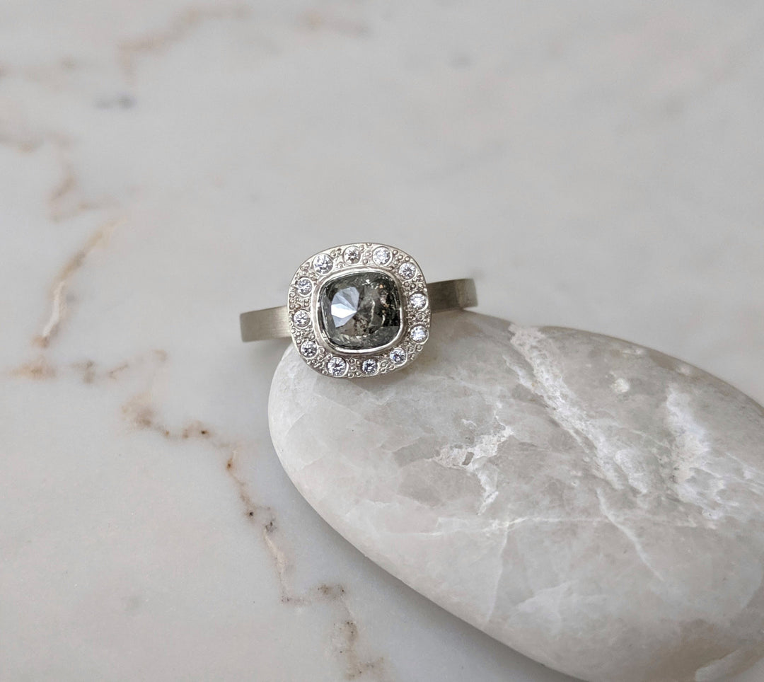 Salt and Pepper Diamond Halo Ring | White Gold