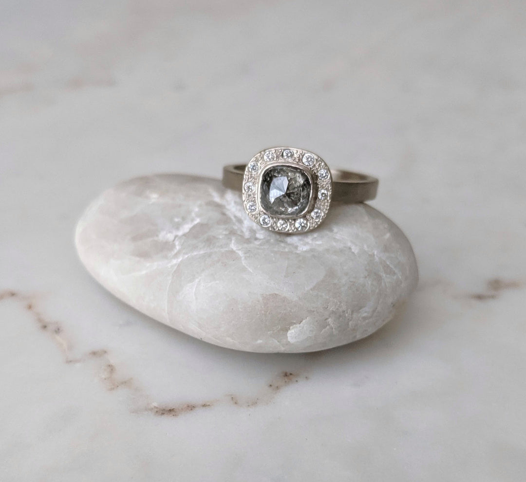 Salt and Pepper Diamond Halo Ring | White Gold