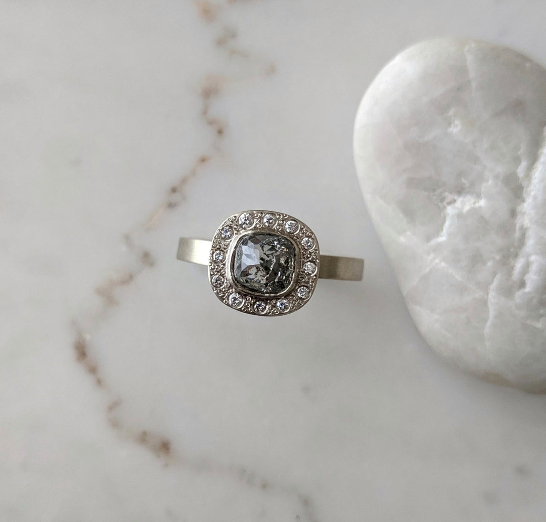 Salt and Pepper Diamond Halo Ring | White Gold