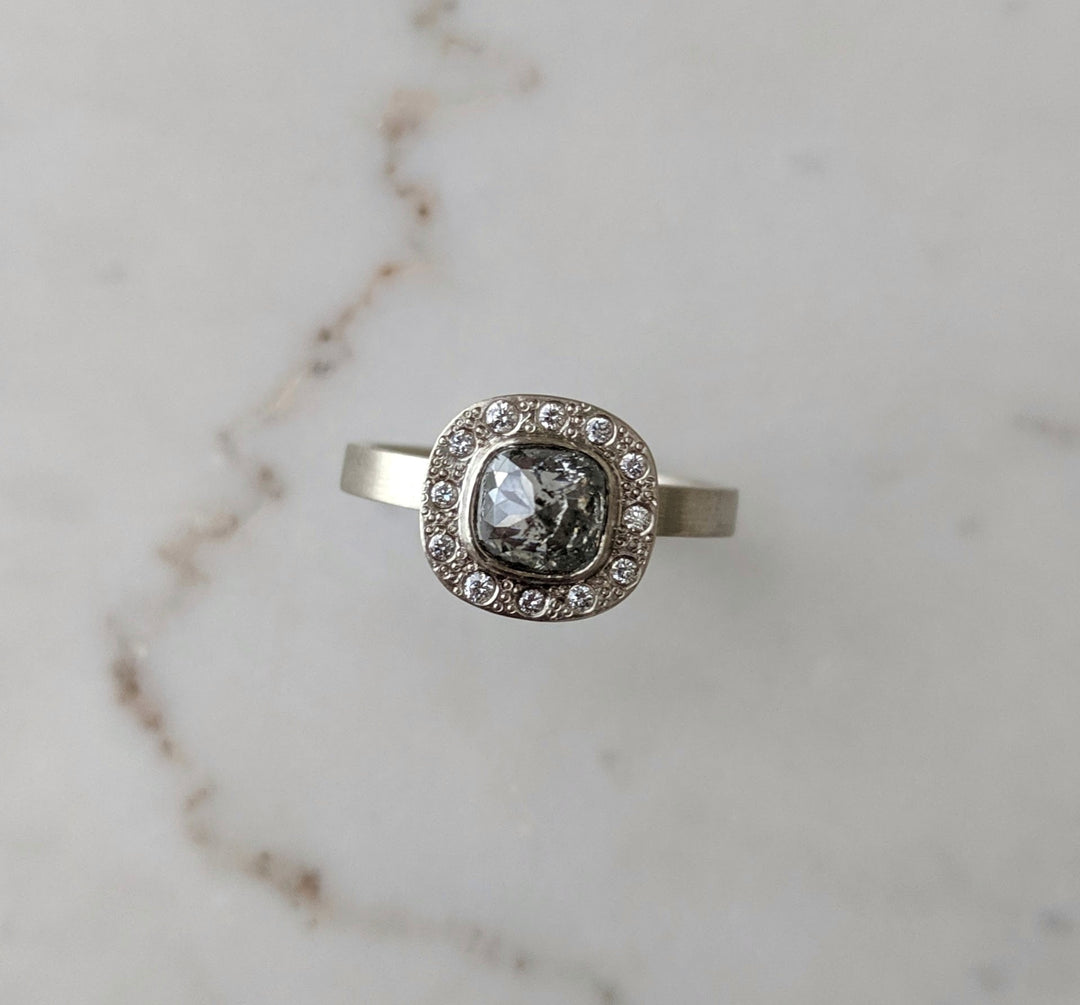 Salt and Pepper Diamond Halo Ring | White Gold