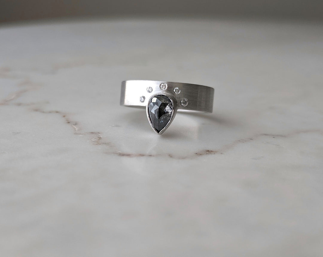 Salt & Pepper Pear Diamond Wide Band Ring | 14K White Gold